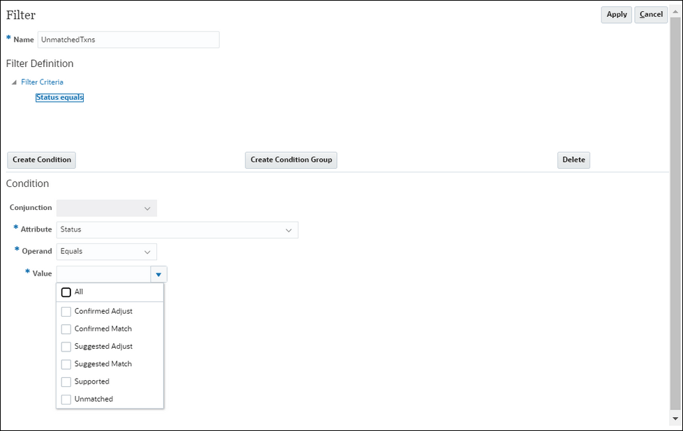 Datenquellenfilter mit dem Attribut "Status"