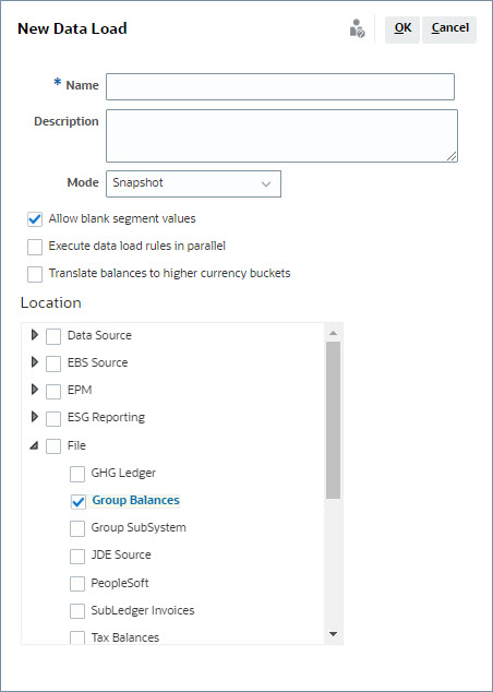 In dieser Abbildung wird das Dialogfeld "Neuer Dataload" mit den Speicherortdetails angezeigt.