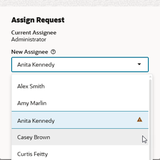 Dialogfeld "Anforderung zuweisen" mit einem dreieckigen Abwesenheitsindikator f&uuml;r Anita Kennedy