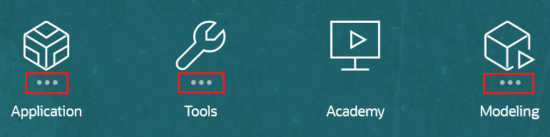 Die Karten "Anwendung", "Extras" und "Modellierung" mit den drei Punkten, die auf Unterkarten hinweisen Die Karten "Anwendung", "Extras" und "Modellierung" mit den drei Punkten, die auf Unterkarten hinweisen