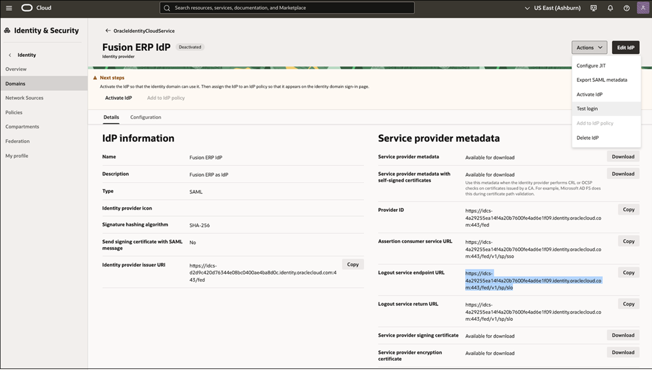 Fenster "Fusion ERP-IdP"