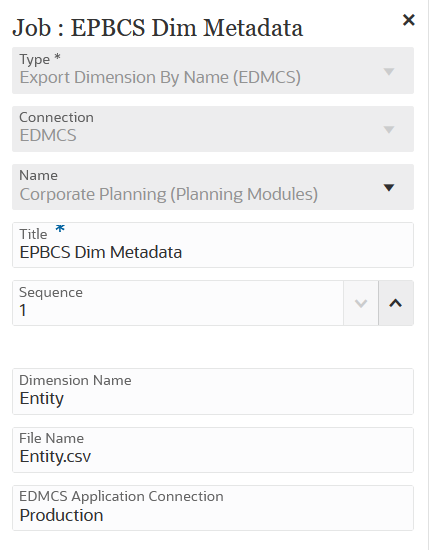Das Bild zeigt Beispielparameter des Jobtyps "Dimension nach Name exportieren (EDMCS)".