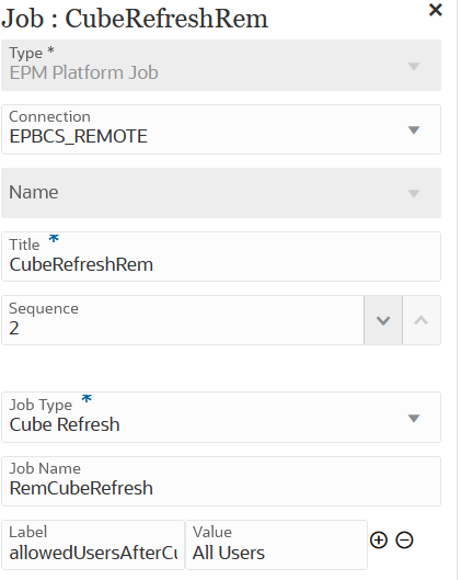 Das Bild zeigt Parameter zum Aktualisieren eines Cubes für einen Job des Typs "EPM-Plattformjob".
