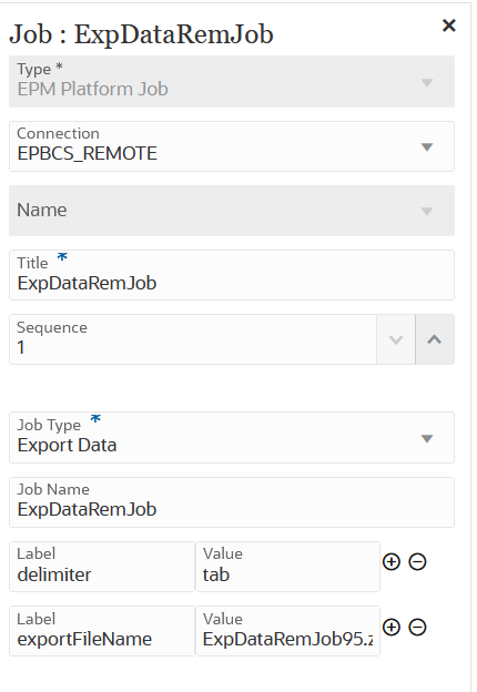 Das Bild zeigt Parameter zum Exportieren von Daten für einen Job des Typs "EPM-Plattformjob".