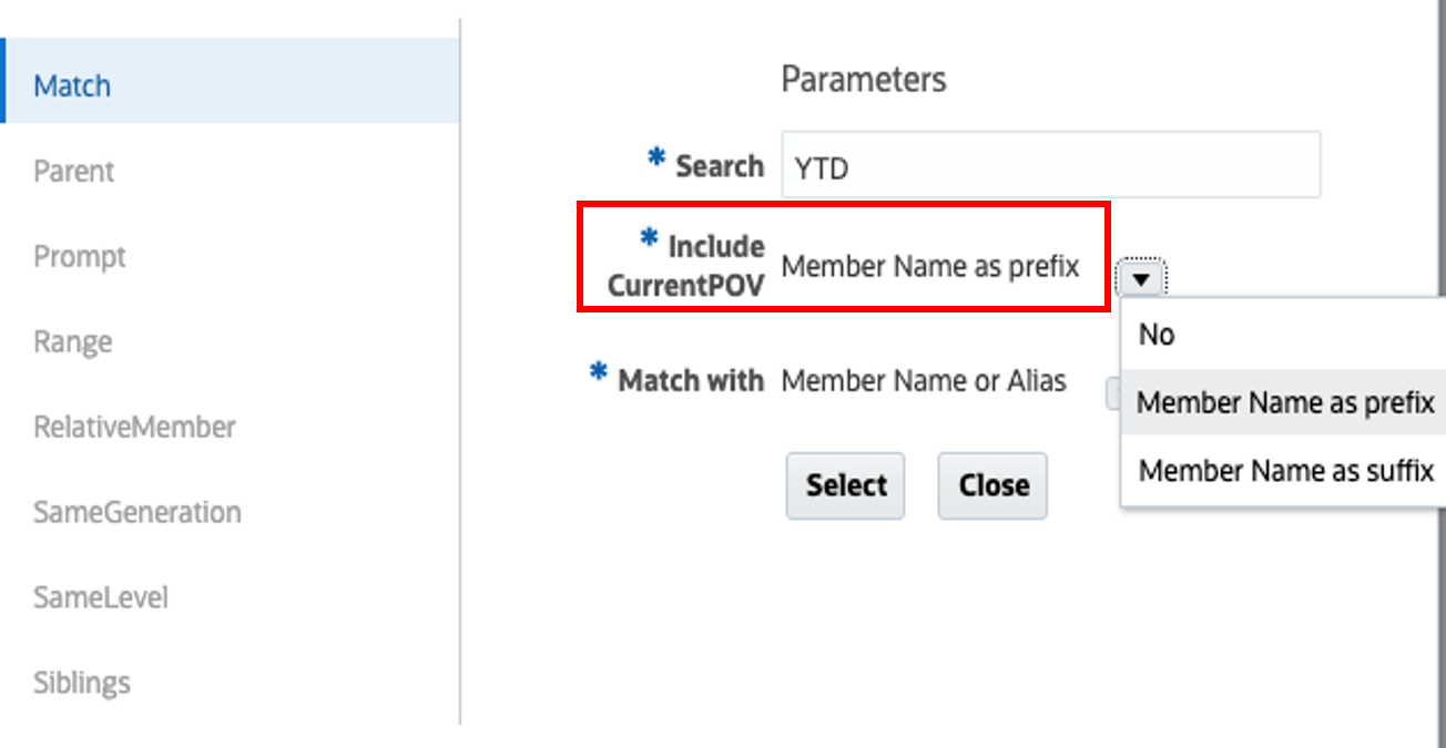 Parameter für Funktion "Match" festlegen