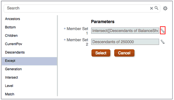 Screenshot, der die Parameter der Funktion "Except" (Ausgenommen) zeigt, wie im Folgenden beschrieben