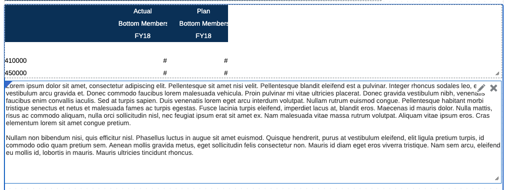 Der Screenshot zeigt einen Bericht mit einem Raster und einem Textfeld, für das die Berichtseigenschaft "An Seite anpassen" auf "Beides" gesetzt ist.