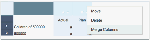 Die Abbildung zeigt Spalte A mit "Actual" (Ist) und Spalte B mit "Plan" und ein Menü mit aktivierter Option "Merge Columns" (Spalten zusammenführen)