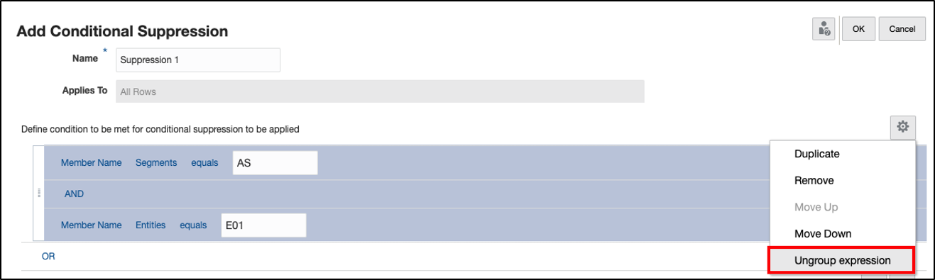 Wählen Sie im Menü "Aktionen" die Option "Gruppierung des Ausdrucks aufheben" aus.