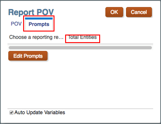 Der Screenshot zeigt das Dialogfeld "Berichts-POV" mit angezeigter Registerkarte "Prompts", wobei "Total Entities" ausgewählt ist.