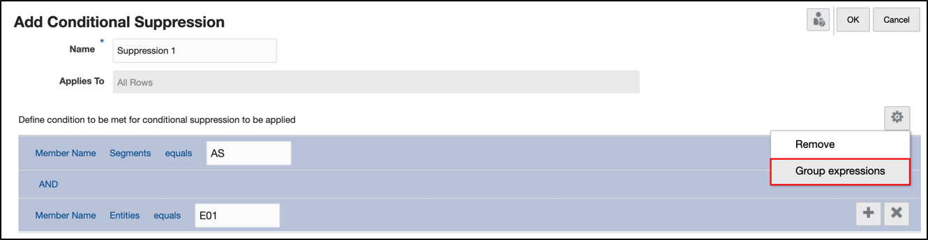 Wählen Sie im Menü "Aktionen" die Option "Ausdrücke gruppieren" aus.