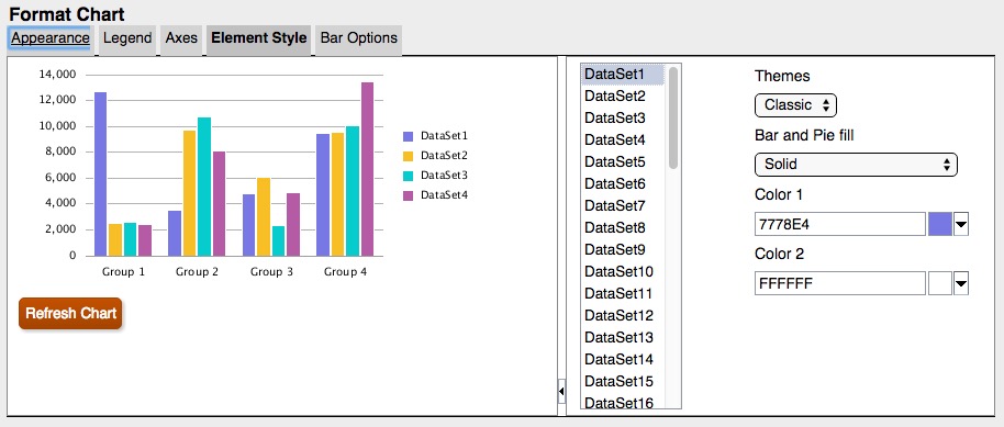 Optionen für Balken- und Kreisfüllungen in der aktualisierten Diagramm-Engine