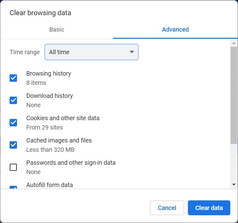 Dialogfenster "Browserdaten löschen..." Die Registerkarte "Erweitert" ist ausgewählt. In der Dropdown-Liste "Zeitraum" ist die Option "Gesamte Zeit" ausgewählt. Alle Kontrollkästchen bis auf "Passwörter und andere Anmeldedaten" sind aktiviert.