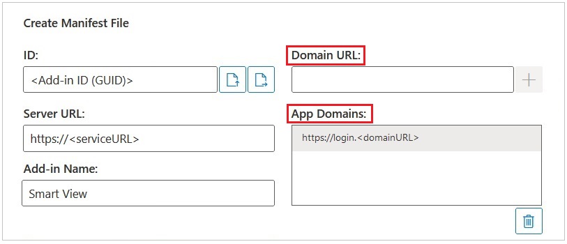 Die Felder 'Domain-URL' und 'Anwendungsdomains' auf der Seite 'Manifestdatei erstellen' sind hervorgehoben.