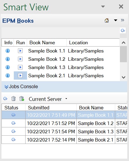 Beispiel für den Bereich "EPM-Bücher" mit den verfügbaren Büchern in der oberen Hälfte und der Jobkonsole in der unteren Hälfte, in der Jobs und deren Status aufgeführt sind. Wenn Jobs abgeschlossen sind, können Sie Bücher in der Jobkonsole öffnen.
