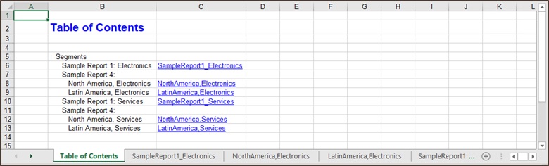 Beispiel für eine Seite mit dem Inhaltsverzeichnis und den Arbeitsblattregisterkarten in einem in Excel importierten Buch