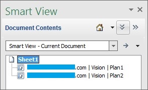 Fenster "Dokumentinhalte" mit den im aktuellen Dokument verwendeten Verbindungen. In diesem Fall gibt es Verbindungen zu den Cubes "Vision Plan1" und "Vision Plan2".
