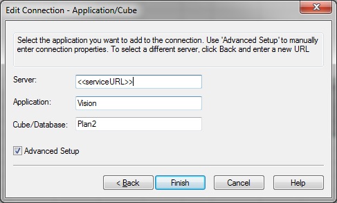 Die Assistentenseite "Verbindung bearbeiten - Anwendung/Cube mit Kontrollkästchen "Erweitertes Setup"" mit den Feldern "Server", "Anwendung" und "Cube/Datenbank"