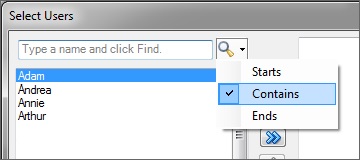 Filteroptionen "Beginnt", "Enthält" und "Endet" für die Schaltfläche "Suchen" im Dialogfeld "Benutzer auswählen"