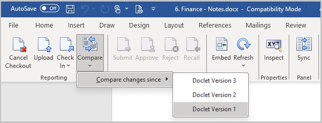 Das Dropdown-Men&uuml; "Vergleichen", auf das &uuml;ber das Narrative Reporting-Men&uuml;band zugegriffen wird - "Vergleichen", "&Auml;nderungen vergleichen seit", Doclet-Versionsliste