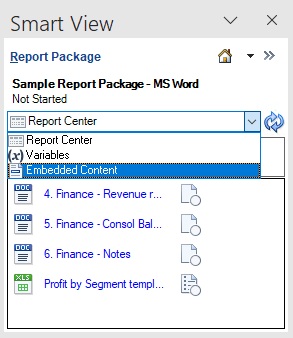 Der Bereich "Berichtspaket" mit angezeigtem Dropdown-Men&uuml;, in dem die Option "Eingebetteter Inhalt" ausgew&auml;hlt ist
