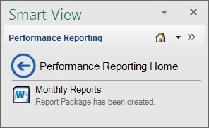 Narrative Reporting-Homeverzeichnis mit einem Link zum neu erstellten Berichtspaket Sie können auch auf den linken Pfeil klicken, um zum Narrative Reporting-Haupthomeverzeichnis zurückzukehren.