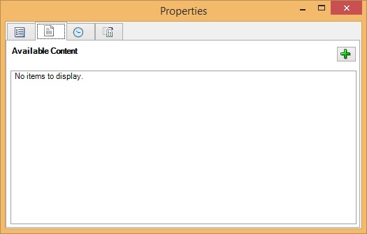 Dialogfeld "Eigenschaften" mit ausgewählter Registerkarte "Verfügbarer Inhalt". Das Dialogfeld zeigt derzeit keinen verfügbaren Inhalt an.