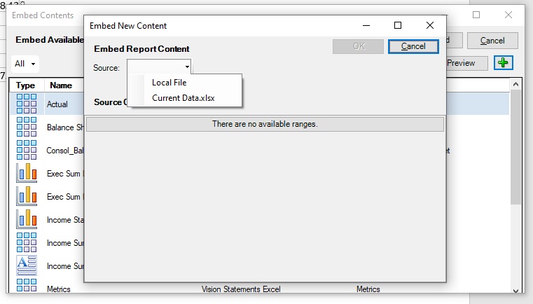 Dialogfeld "Neuen Inhalt einbetten", in dem das Dropdown-Menü im Feld "Quelle" angezeigt wird. Dort können Sie "Lokale Datei" auswählen, wenn Sie eine Referenzdatei zum ersten Mal einem Doclet hinzufügen. Sie können auch eine Referenzdatei auswählen, die bereits in der Liste vorhanden ist.