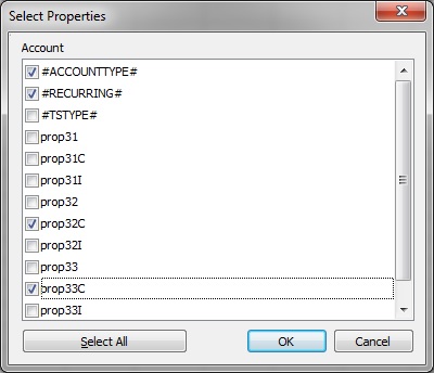 Das Dialogfeld "Eigenschaften auswählen" für die Account-Dimension zeigt eine Liste von Eigenschaften mit einem Kontrollkästchen neben jeder Eigenschaft, die ausgewählt werden kann.