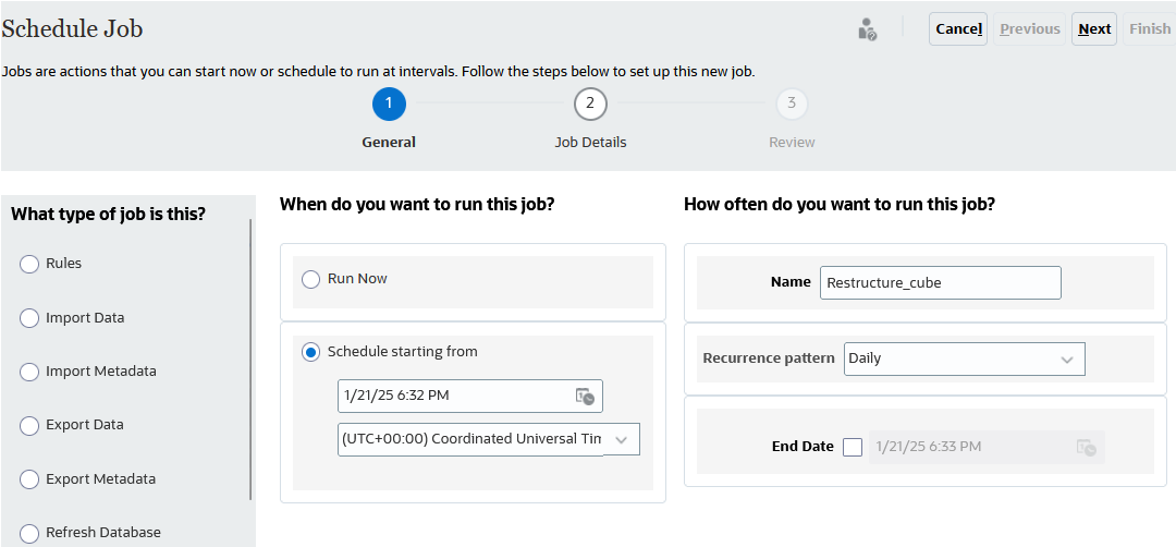 Details zum Planen des Jobs zur Neustrukturierung