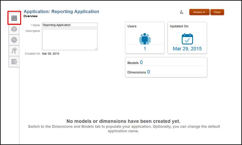Geben Sie einen Namen für die Anwendung und eine optionale Beschreibung ein, und wählen Sie dann die Registerkarte "Dimensionen und Modelle", um mit der Erstellung der Anwendung zu beginnen.