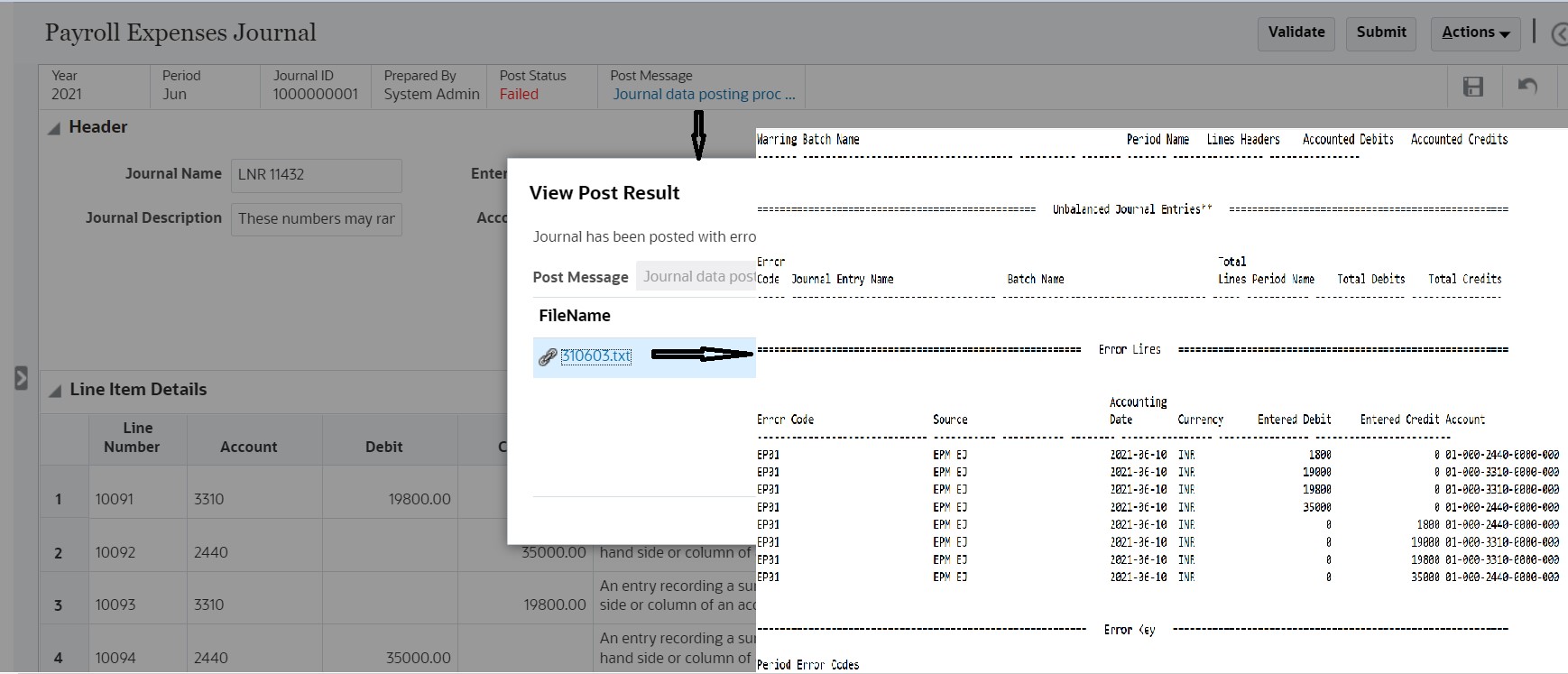 Fehlerdetails zur Enterprise Journals-Aktivierung