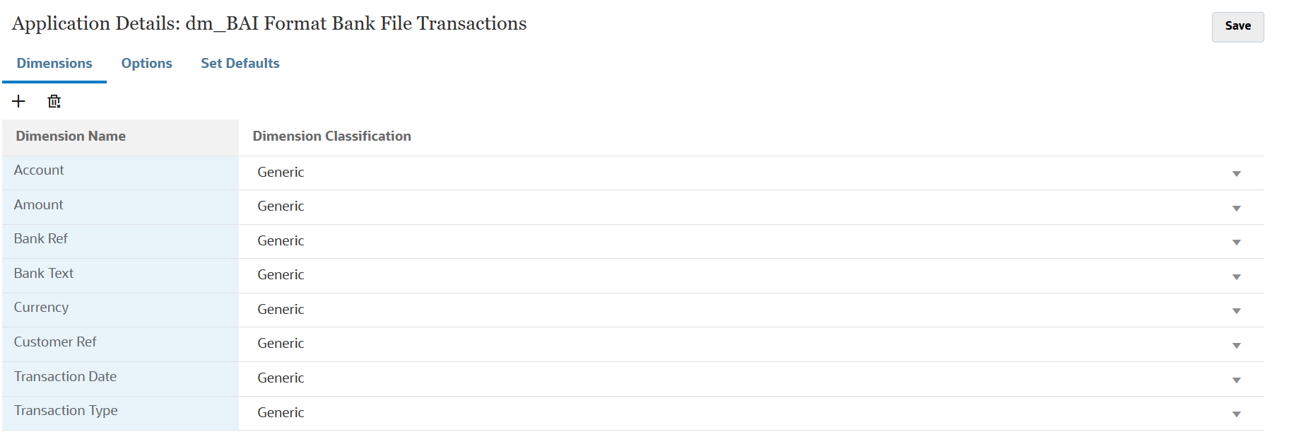 Das Bild zeigt Dimensionsdetails für Transaktionen mit Bankdateien im BAI-Format.