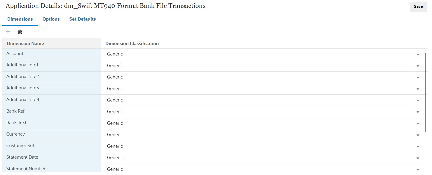 Das Bild zeigt Dimensionsdetails für Transaktionen mit Bankdateien im SWIFT MT940-Format.