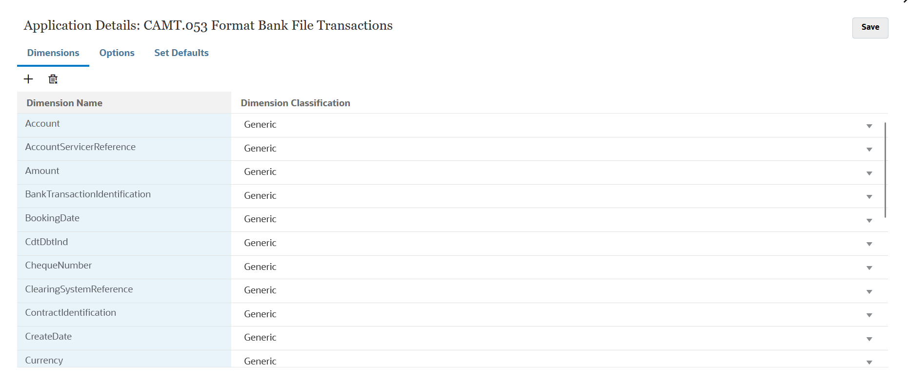 Das Bild zeigt die Dimensionen für eine Anwendung mit Transaktionen mit Bankdateien im CAMT.053-Format.