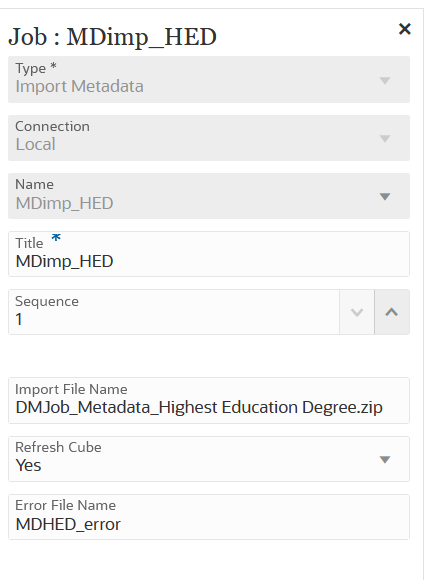 Das Bild zeigt die Parameter für den Jobtyp "Metadaten importieren".