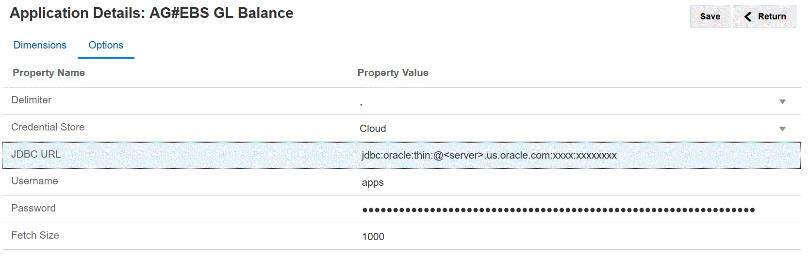 Das Bild zeigt die E-Business Suite-Verbindungsoptionen in der Registerkarte "Optionen".