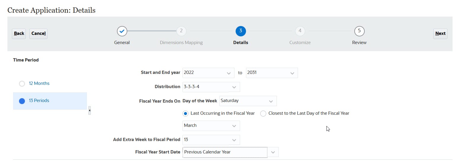 Details zur Anwendungserstellung mit 13-Perioden-Kalender mit ausgewählter Option "Voriges Kalenderjahr"