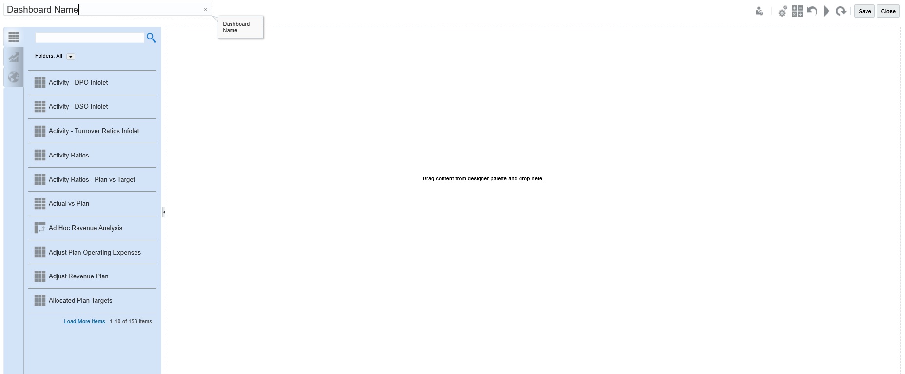 Seite von Dashboard-1.0-Designer mit einer leeren Leinwand