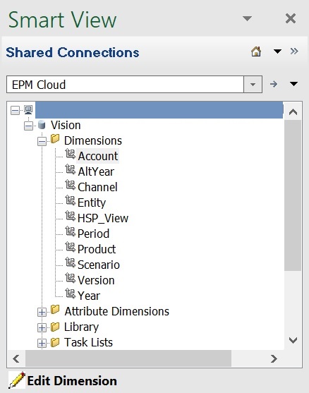 Smart View-Bereich mit den Ordnern im Baum für die Anwendung "Vision". Der Ordner "Dimensionen" ist eingeblendet und enthält die 10 Dimensionen in der Anwendung "Vision": Account, AltYear, Channel, Entity, HSP_View, Period, Product, Scenario, Version und Year.