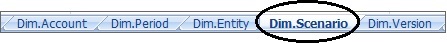 Arbeitsblattregisterkarten aus der Arbeitsversion einer Excel-Anwendungsvorlage mit der Namenskonvention für Dimensionen, "Dim.<Dimensionsname>". Der Fokus ist auf der Registerkarte für die Scenario-Dimension, Dim.Scenario.