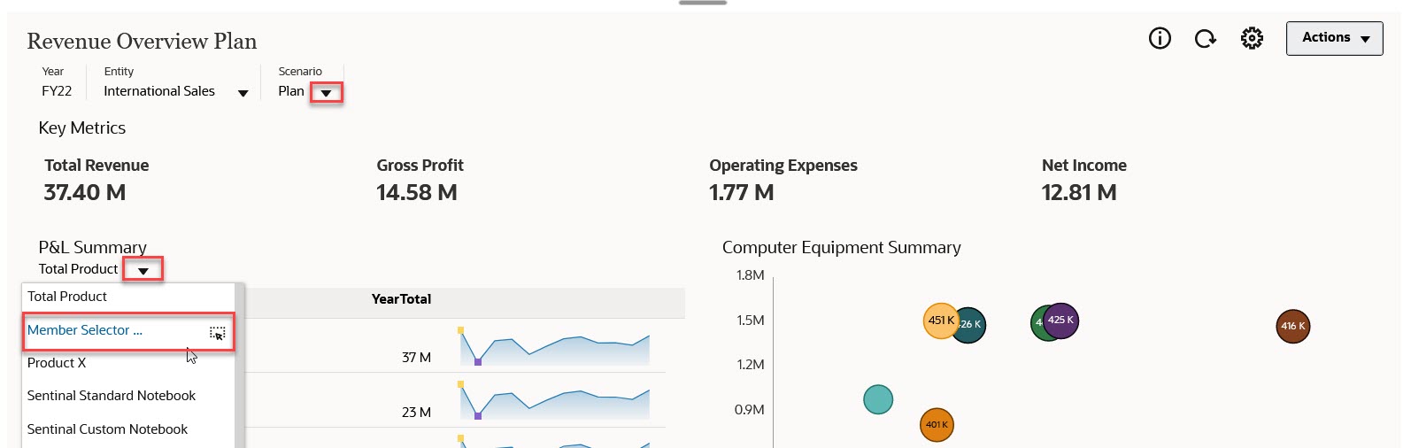 Elementauswahl über die Dropdown-Liste "Seite" in Dashboard 2.0 öffnen