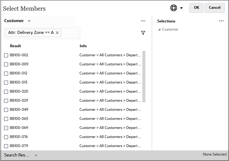 Elemente für das Dialogfeld "Elemente auswählen" mit Customer-Dimension gefiltert nach Lieferzone A