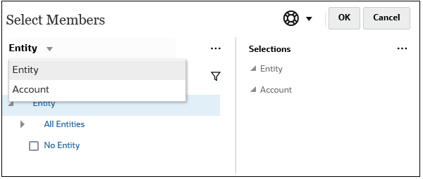 Dialogfeld "Elemente auswählen" mit angezeigten Dimensionen "Entity" und "Account" in der Dropdown-Liste