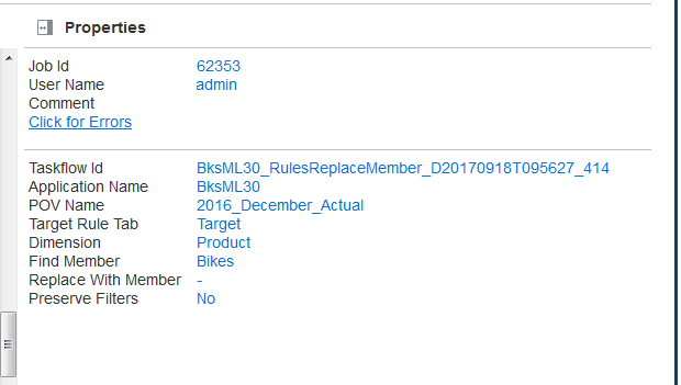 Liste mit Informationen zum Job sowie ein Link, der angeklickt werden kann, um Fehler oder Warnungen anzuzeigen.
