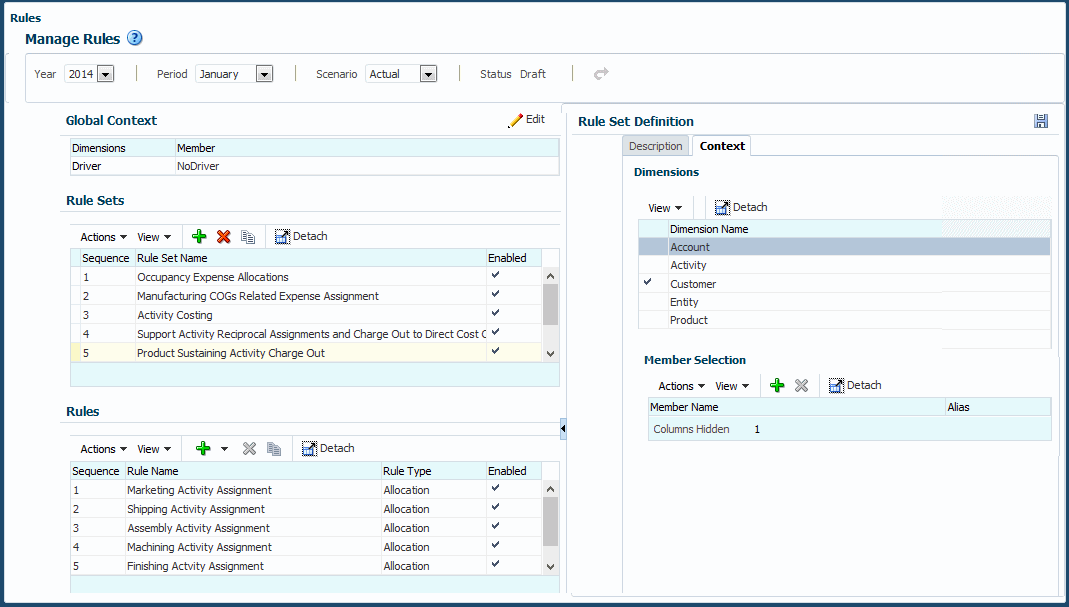 Der Regelsetkontext für das Regelset "Product Sustaining Activity Charge Out" enthält verschiedene Dimensionen, wie weiter oben beschrieben. Der Regelsetkontext für das Regelset "Product Sustaining Activity Charge Out" enthält verschiedene Dimensionen, wie weiter oben beschrieben.