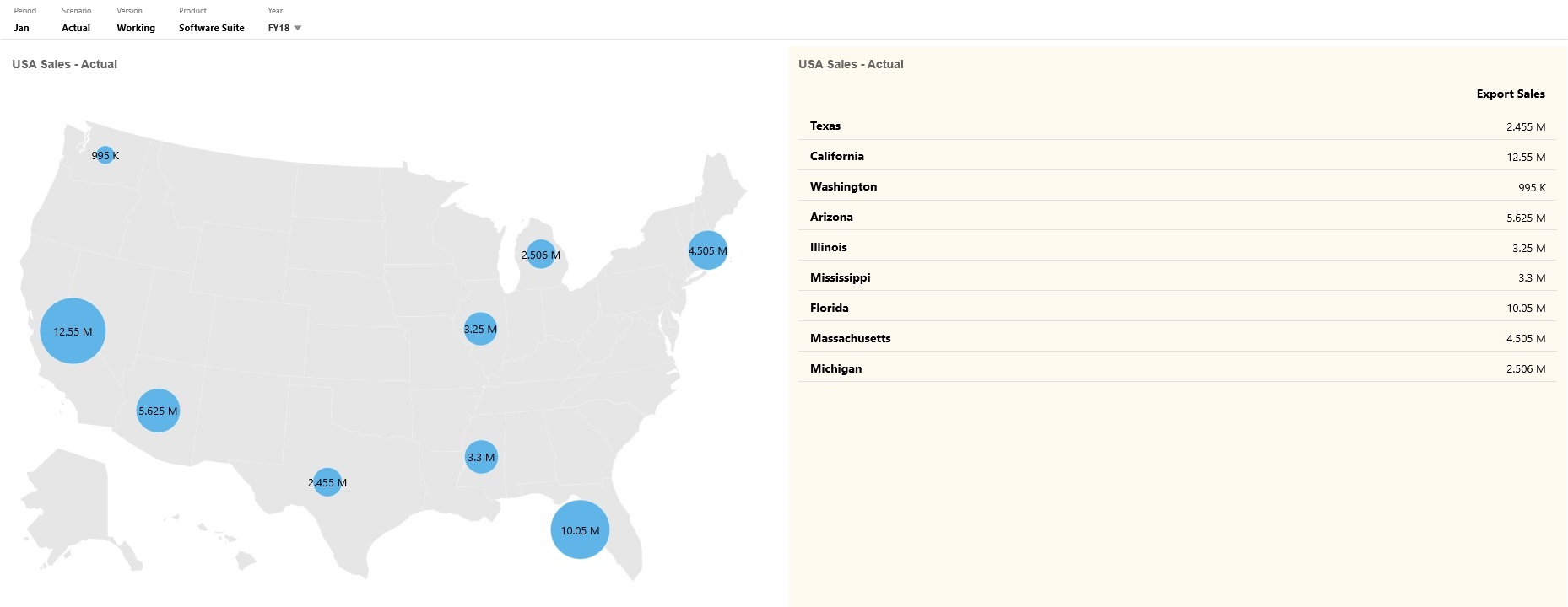 Dashboard 2.0 - Beispiel einer geografische Karte der USA mit Datenblasen