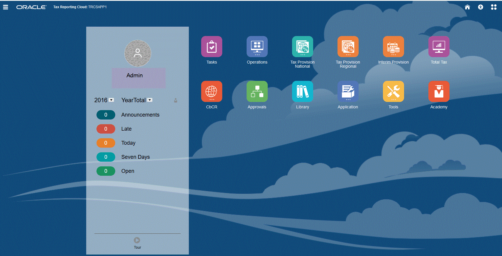 Oracle Cloud EPM-Homepage mit dem Standard-Theme "Redwood"