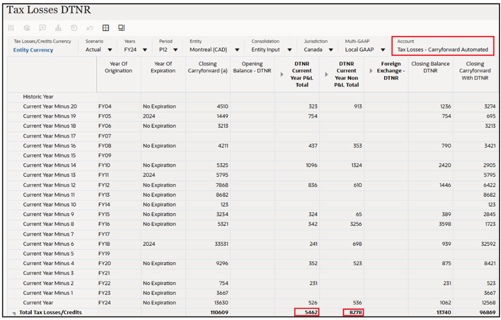 Werte im Formular "Steuerverluste - DTNR" nach Konsolidierung