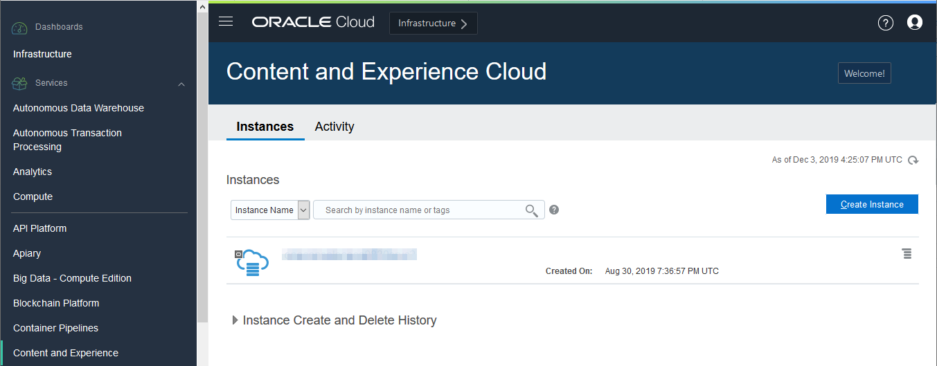 Στιγμιότυπα Content and Experience στην κονσόλα Oracle Cloud Infrastructure Console